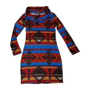 Rue 21 Aztec Print‎ Dress Junior Womens Medium Cowl Neck Long Sleeve Western